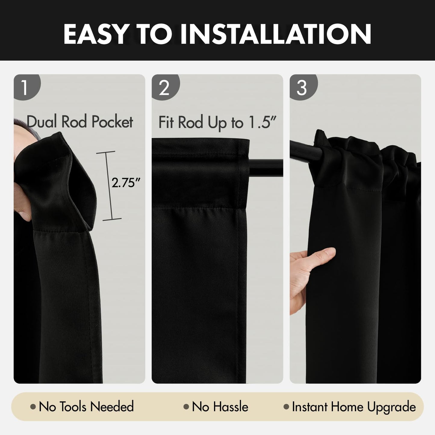 MIULEE Blackout Curtains 4 Panels Sets Black 63 Inch Length, Top and Bottom Rod Pocket Room Darkening Curtains for Bedroom Windows, 4 Pack Solid Thermal Insulated Light Blocking Curtain Drapes