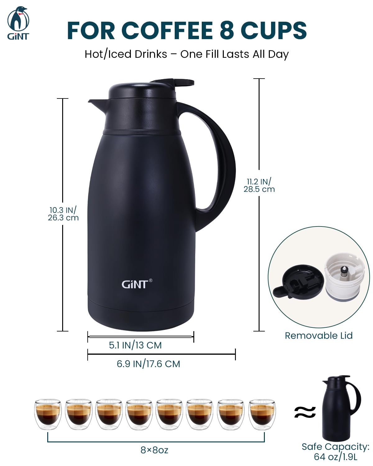GiNT Stainless Steel Thermal Coffee Carafe, Double Walled Vacuum Water and Beverage Dispenser, 12 Hour Heat Retention, 65 OZ /1.9 Liter Black