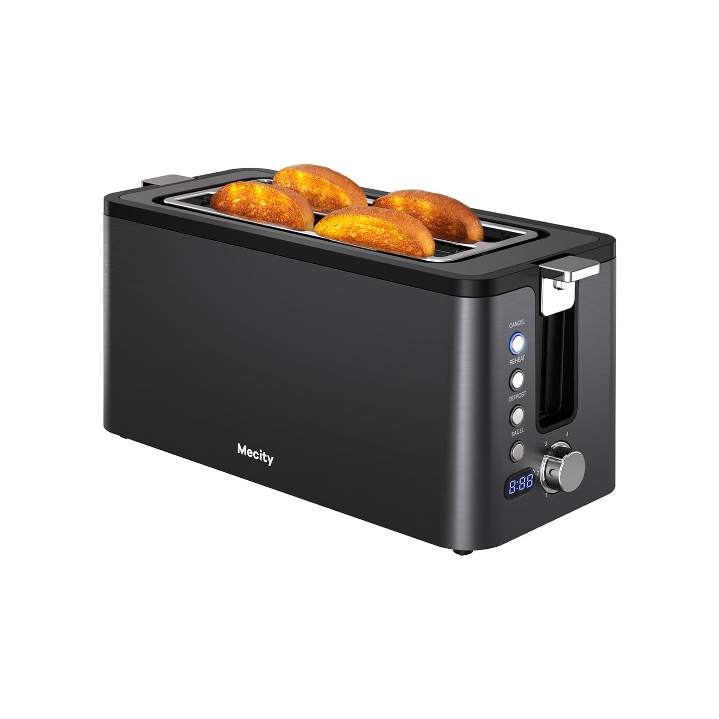 Mecity 4 Slice Toaster, Long Slot Toaster with Timer, Bagel, Defrost, Reheat, Cancel Functions, Warming Rack, Removable Tray, 6 Browning Settings, Extra Wide Slots, Stainless Steel, 1300W