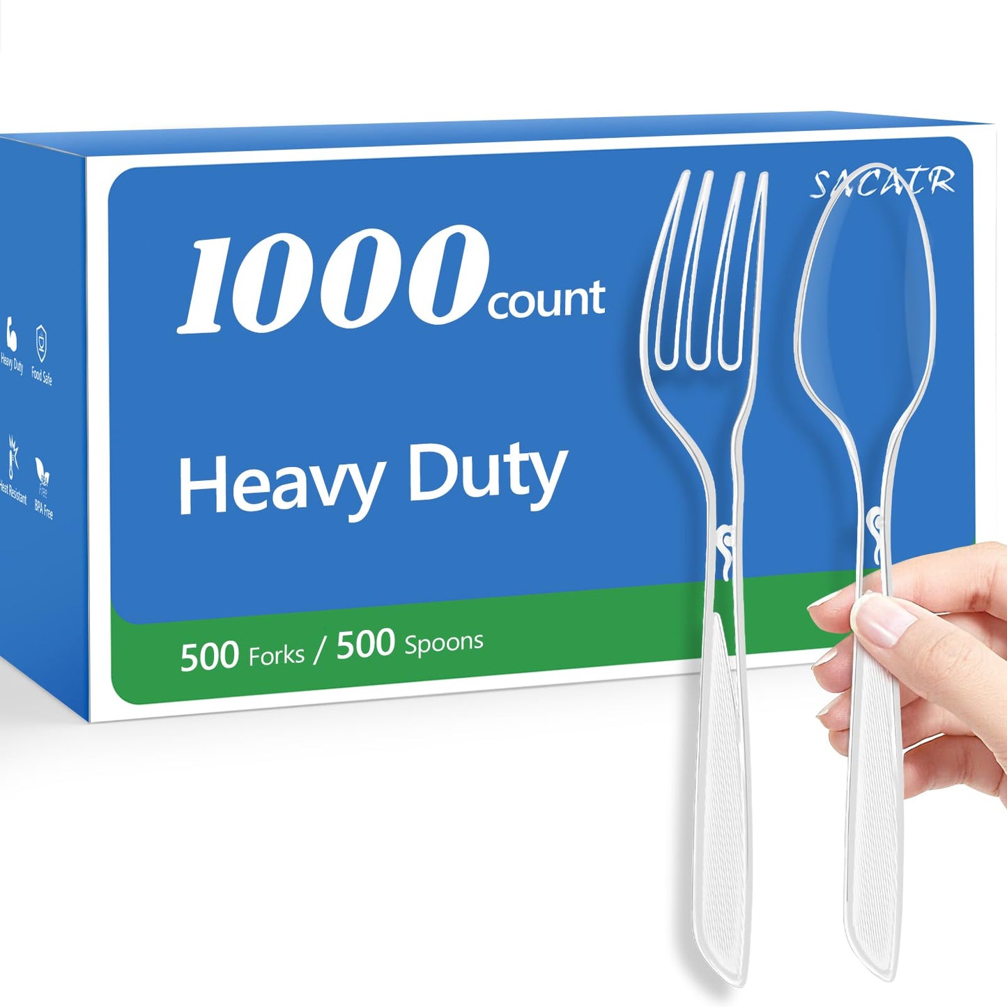 SACATR 1000 Count Plastic Silverware Heavy Duty -500 Forks, 500 Spoons，BPA-Free,Heat Resistant Disposable Plastic Spoons Bulk, Solid Durable Premium Cutlery for Parties, Events and Everyday Use