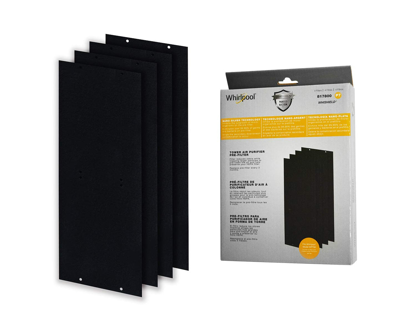 Whirlpool 817800 Genuine Charcoal Pre-Filter - Whishield Anti-Microbial Activated Replacement Fit Air Purifier Portable Tower WPT80, Large 4 Pack