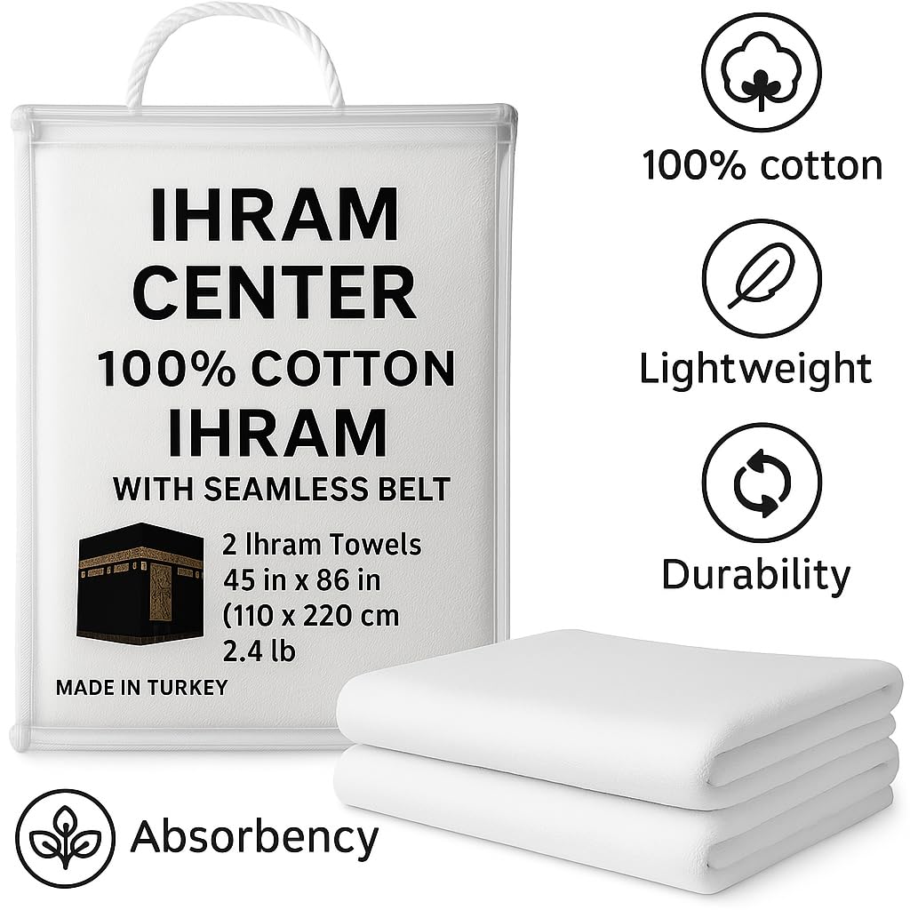 Ihram for Men – 2-Piece Hajj and Umrah Towel Set – 100% Natural Cotton – Soft, Non-Stitched 110x220 cm (43x86 in) – Ahram Ehram (Cotton with Belt)