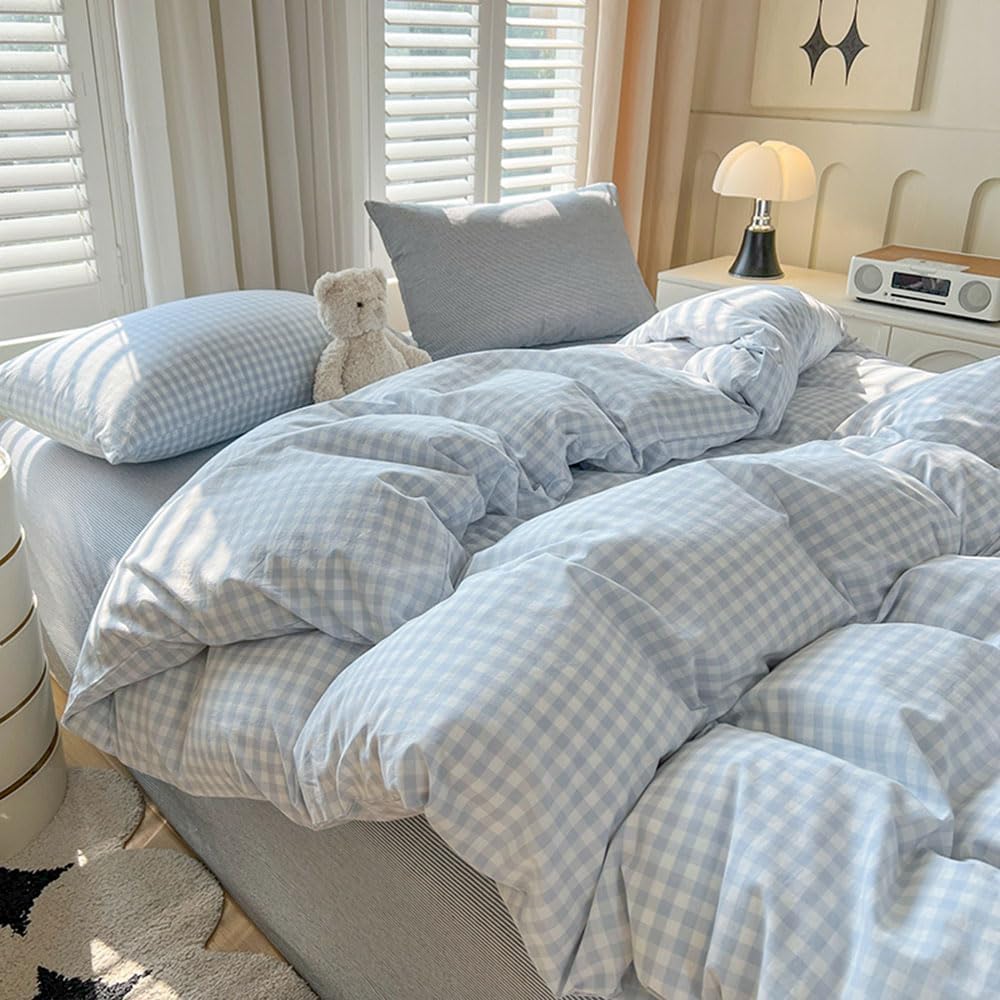 Nayoroom Gingham Duvet Cover Queen Size Blue White Plaid Checkered Comforter Cover Grid Farmhouse Bedding Set 3 Pcs Soft Breathable Washed Microfiber Gifts for Women Men