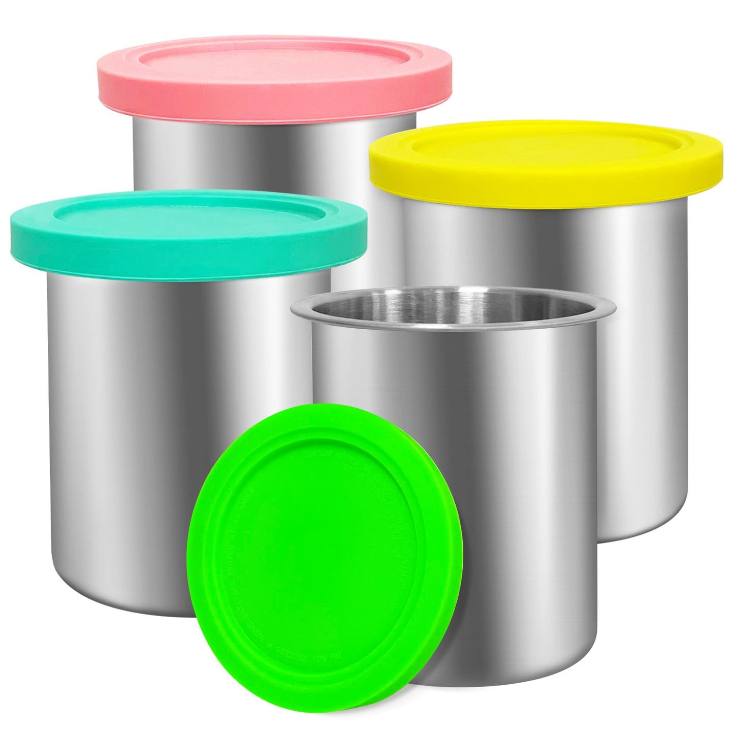 jjxeqo Stainless Steel Fit for ninja Creami Deluxe Containers– 4 Pack, Compatible with Ninja Creami CN501CO,NC501, NC500 Delux XL Series, Silicone Lids, BPA-Free, Dishwasher Safe, 5 Years Warranty