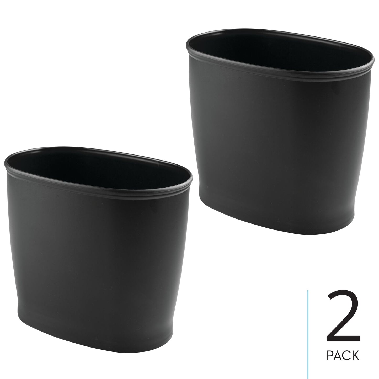 iDesign Slim Plastic Bathroom Trash Can, Small Garbage Bin for Bedroom, Office, Desk, Dorm, 2-Pack, Black