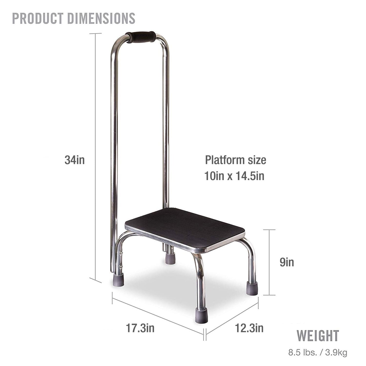 DMI Step Stool with Handle and Non Skid Rubber Platform, Lightweight and Sturdy Stool for Seniors, Adults and Children, Holds up to 300 Pounds with 9.5 Inch Step Up, 17.3"D x 12.3"W x 34"H, Chrome