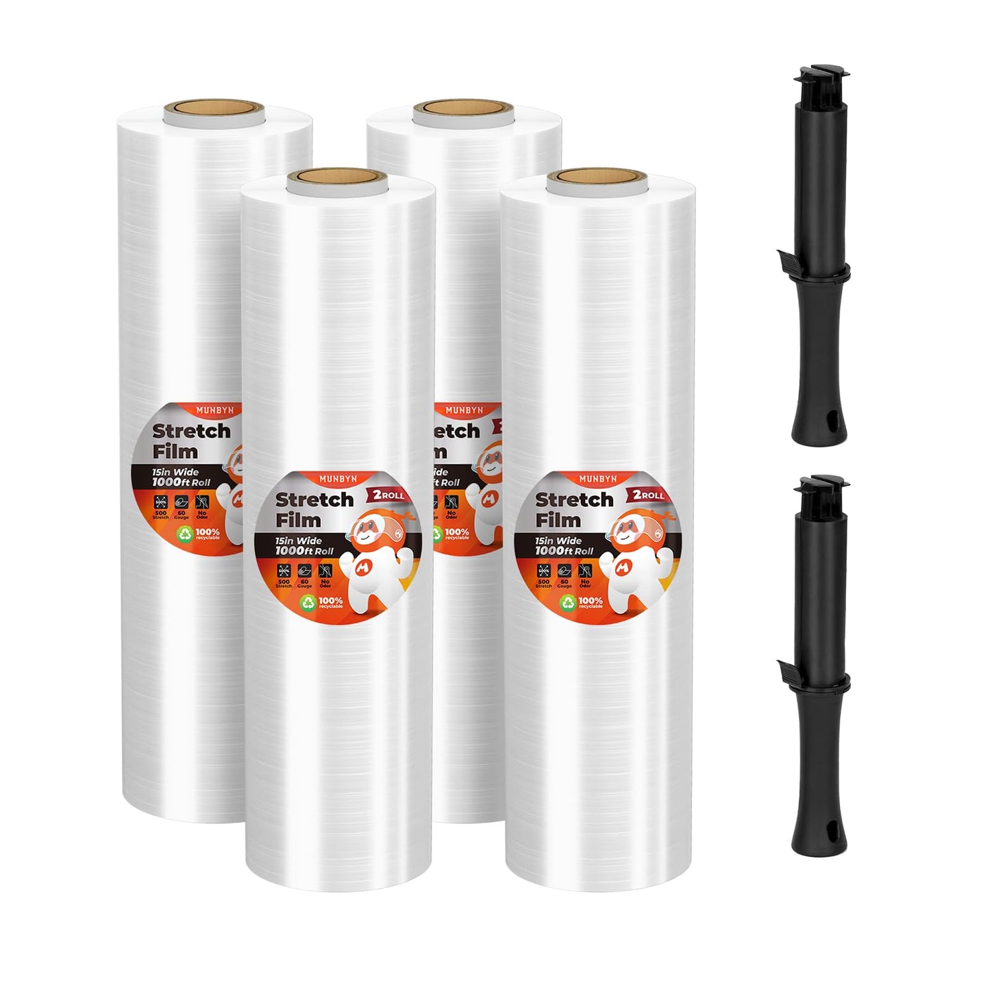 MUNBYN Shrink Wrap, Stretch Wrap with Handles, Stretch Film Roll Industrial Strength, Plastic Wrap for Pallet Wrapping Shipping Moving, 15 Inch x 1000 Ft, 4 Pack, 60 Gauge