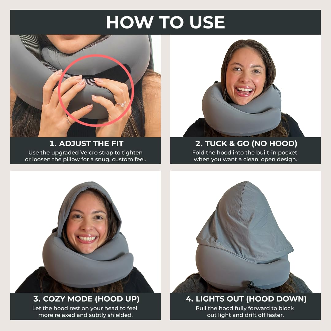 FlyHugz® 2.0 Hooded Travel Pillow – 2026 Original Release – Memory Foam Neck Pillow with Adjustable Hood & Premium Elastic Washable Cover – First Class Comfort for Flights, Road Trips & Sleep-Gray.