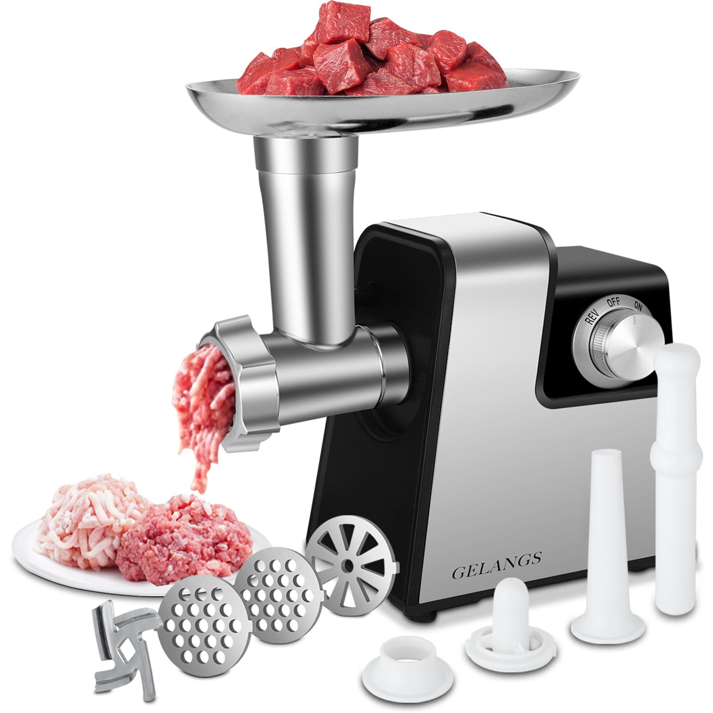 GELANGS Electric Meat Grinder, 350W （MAX2800W）Heavy Duty Stainless Steel Food Grinder with Sausage Stuffer Tubes & Kubbe Kit, 3 Grinding Plates for Home Kitchen Use