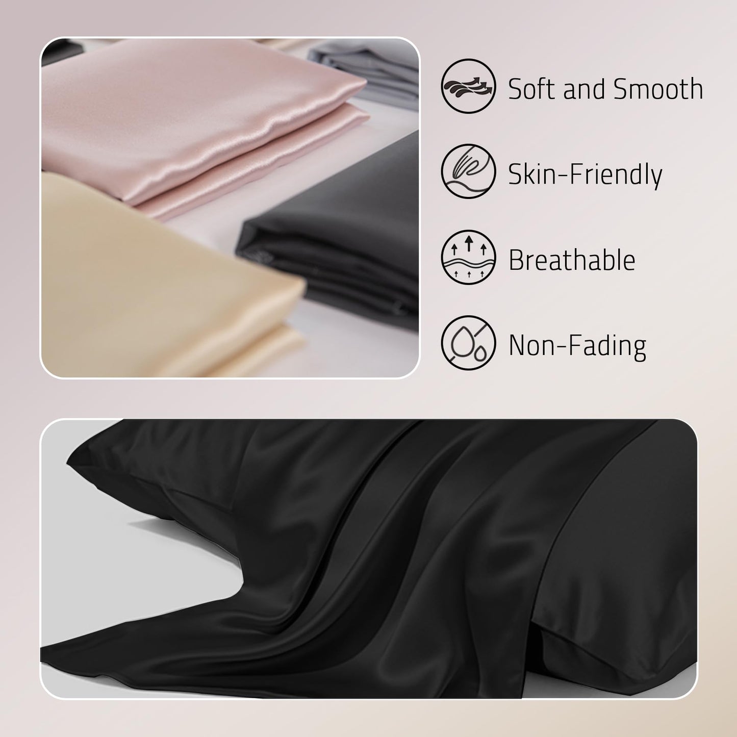 Gabire Mulberry Silk Pillowcases Set of 2, Both Sides Real Silk Pillow Covers for Hair and Skin Prevent Acne Pillowcase Organic Silk Pillowcase 2 Pack with Hidden Zipper, Black, King (20"×36")