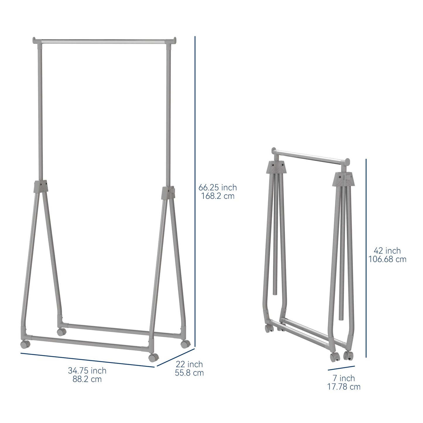 Whitmor Foldable Garment Rack - Rolling Clothes Rack - Adjustable Height Garment Rack, Heavy Duty Foldable Clothes Rack with Adjustable Hanging Rod for Home Office- Dark Grey