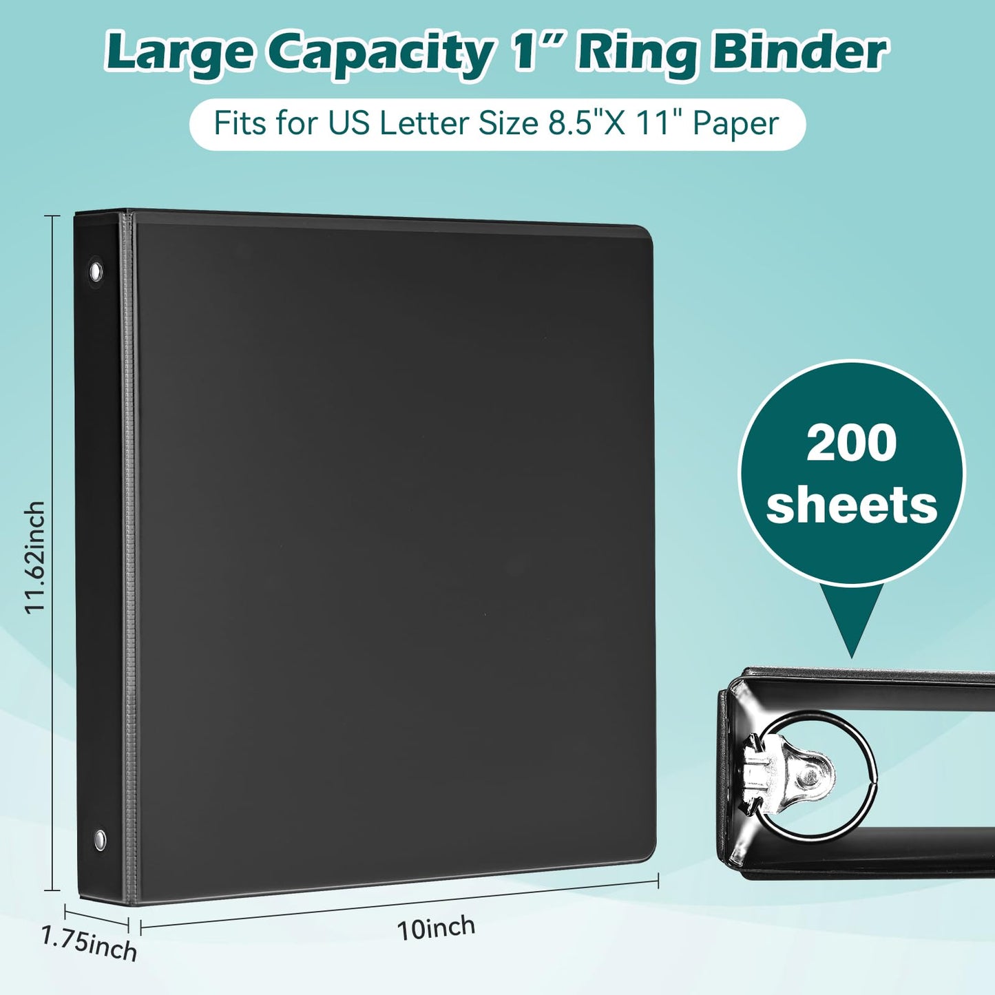 Heture 3 Ring Binder 1 Inch 12 Pack, 1" Clear View Round-Ring-Binder, PVC-Free,Holds for 200 Sheets 8.5" x 11" US Letter Size Paper, Durable Black Binders Perfect for Office,School and Home