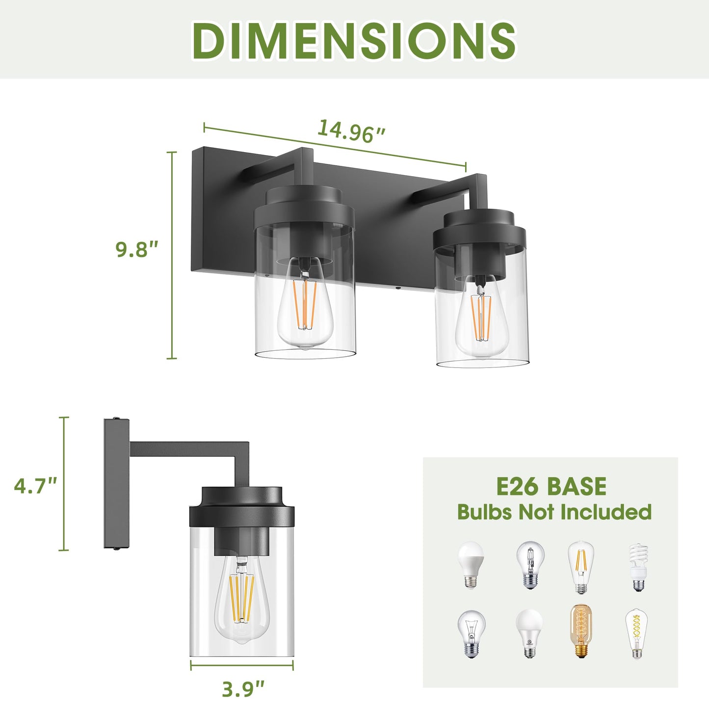 Espird Bathroom Vanity Fixtures, 2 Light Matte Black Vanity Light with Clear Glass Shade, 15in Farmhouse wall Light, Lighting Fixture Over Mirror for Bathroom