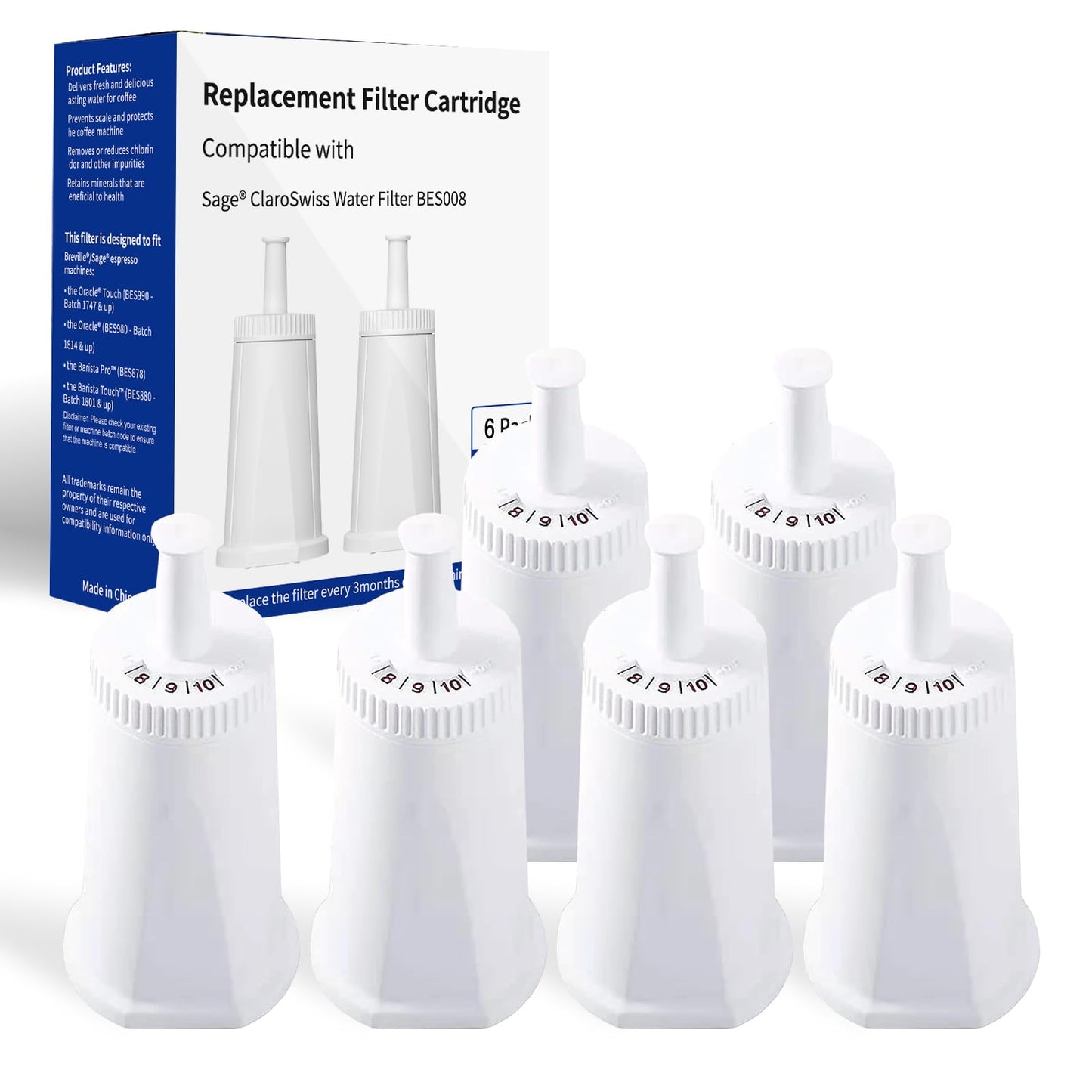 6 Pack Bes880 Water Filter Replacement Compatible with Brevile Sage Oracle Touch,Barista,Claro Swiss,BES878,Bes920,Bes008 Espresso Coffee Machine,Replaces Part #BES008WHT0NUC1