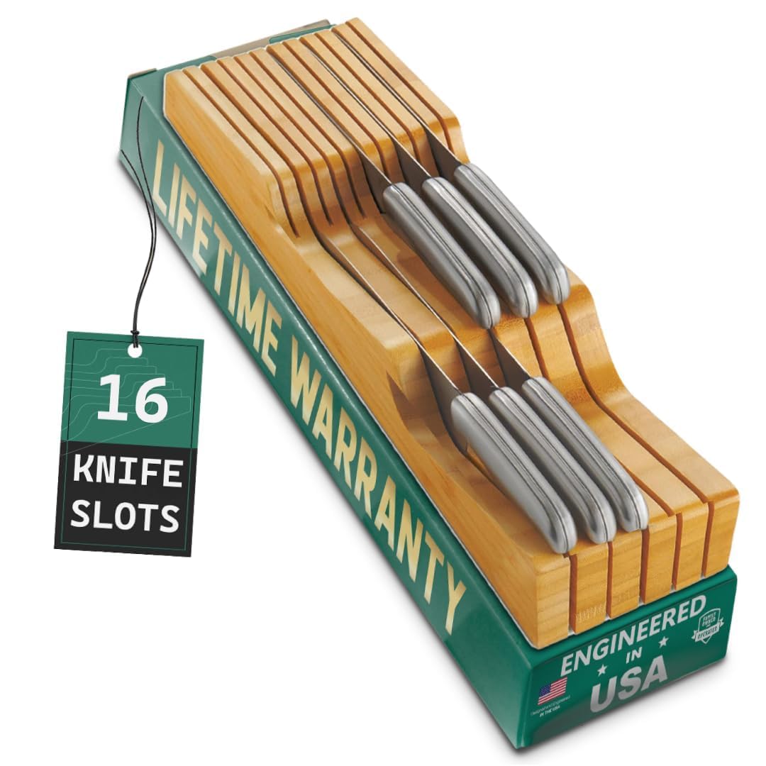 Bellemain 100% Pure Bamboo in Drawer Knife Block | 16 Knife Slots Knife Drawer Organizer | Store Knives Safely with The Blades Down | Storage Solution for Your Kitchen | Knife Organizer Drawer Insert