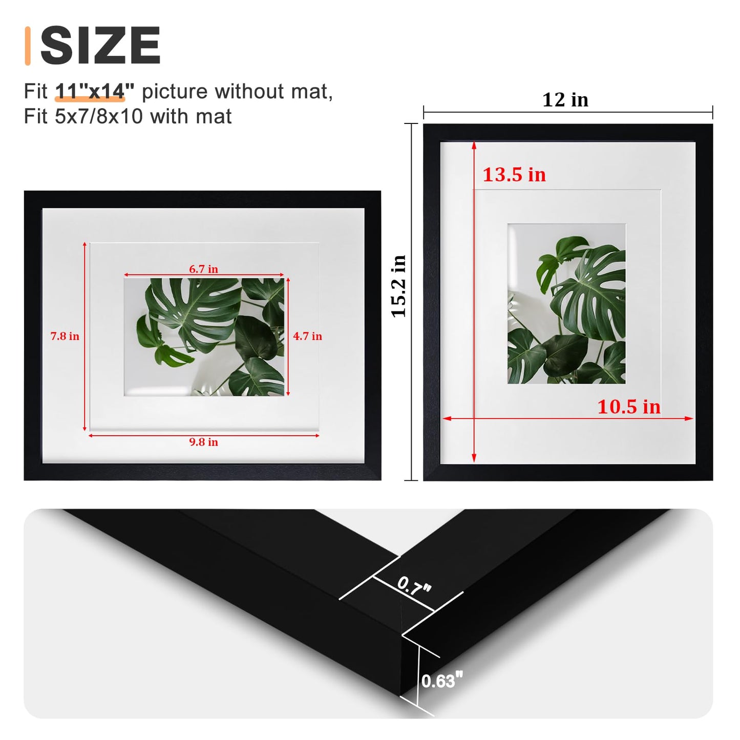 Egofine 11x14 Picture Frames Set of 4, Made of Solid Wood Covered by Plexiglass 5x7 and 8x10 with Mat or 11x14 without Mat, for Table Top Display and Wall Mounting Photo Frame Black