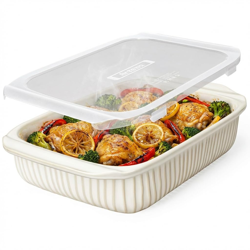Artena Baking Dish 5.1 Quarts, Casserole Dishes For Oven, Baking Pan With Handles, Lasagna Pan Deep, Large Casserole Dish, Rectangular White Ceramic Bakeware (Baking Dish With Lids)