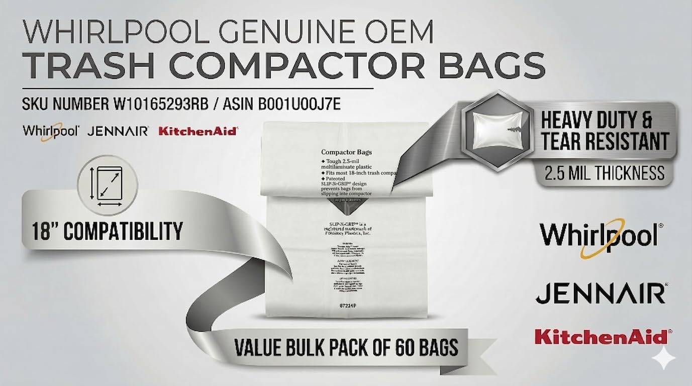 Whirlpool W10165293RB Genuine OEM Trash Compactor Bags (60-Pack) – Heavy-Duty 18-Inch Replacement Bags – Fits KitchenAid, Maytag, JennAir, & Kenmore – 3 Mil Thick, Slip-N-Grip Leak-Proof Design