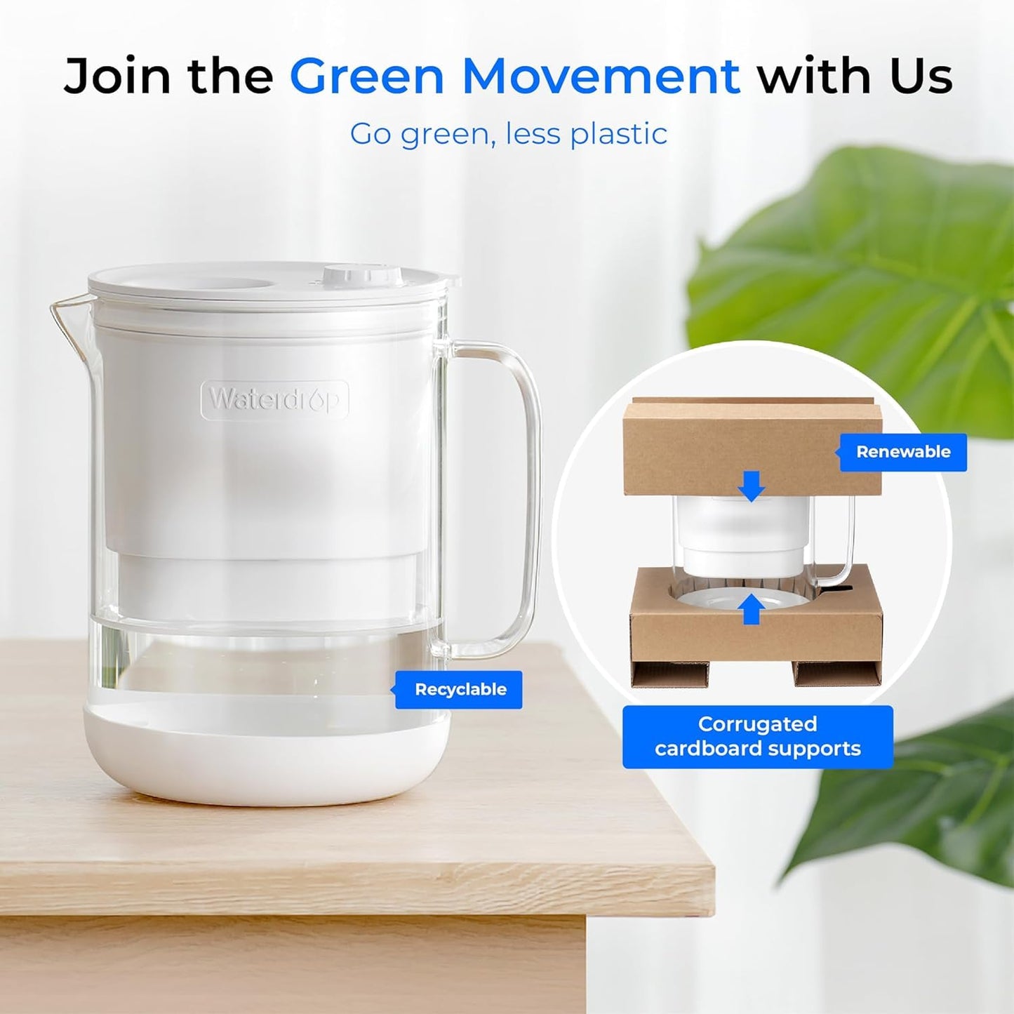 Waterdrop PT-72W Glass Water Filter Pitcher, 7-Cup, Eco-Friendly, NSF/ANSI 53, 42 & 372 Certified Filter, Reduces PFOA/PFOS, Chlorine, Cadmium, Copper & Mercury, BPA-Free, Easy to Clean, White