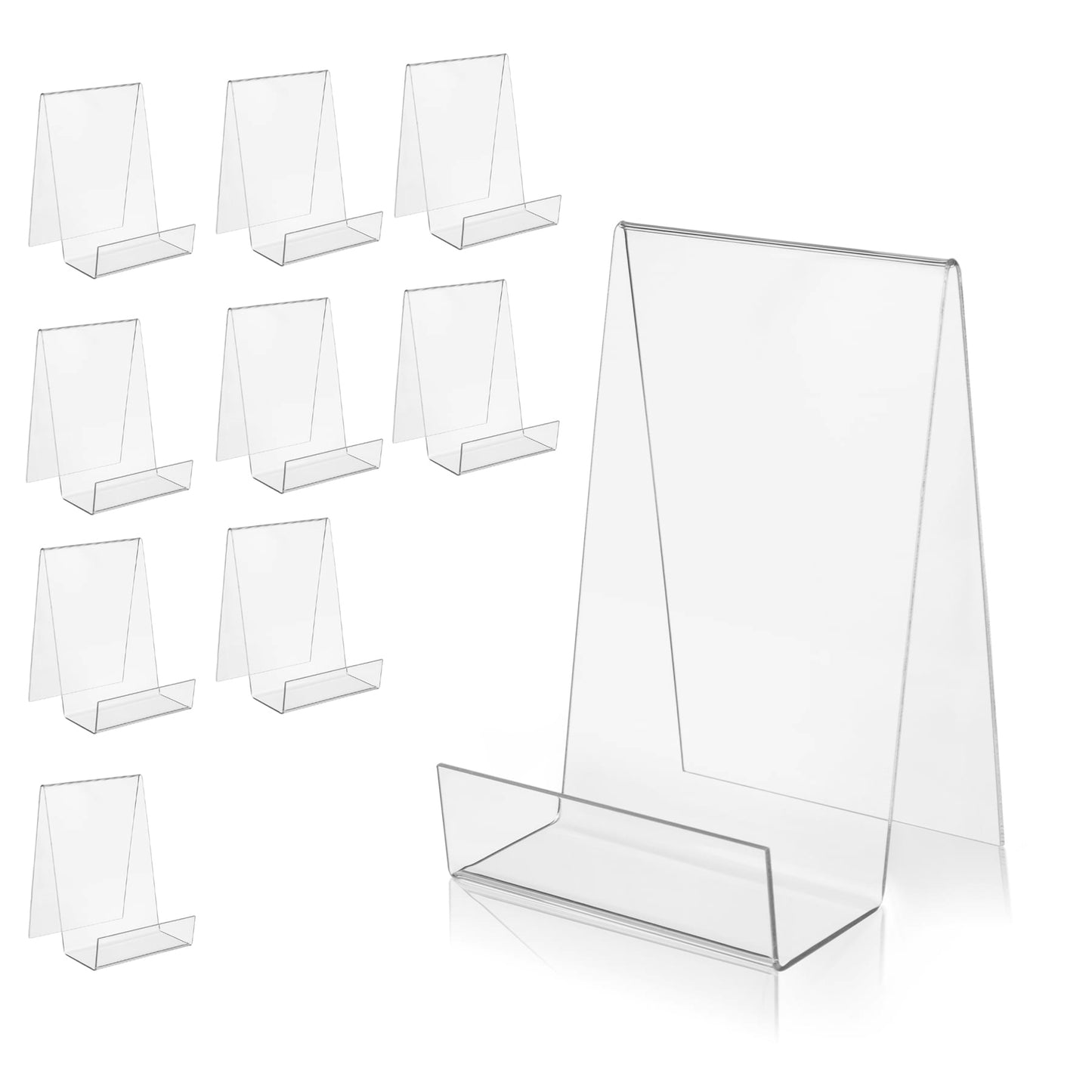 ZOEY Acrylic Book Stand with Ledge Clear Display Easels Plate - 10 Pack Book Holder Easel Stand for Books Display, Music Sheets, Artworks, CD, Tablet Holder (5Large+5Small)