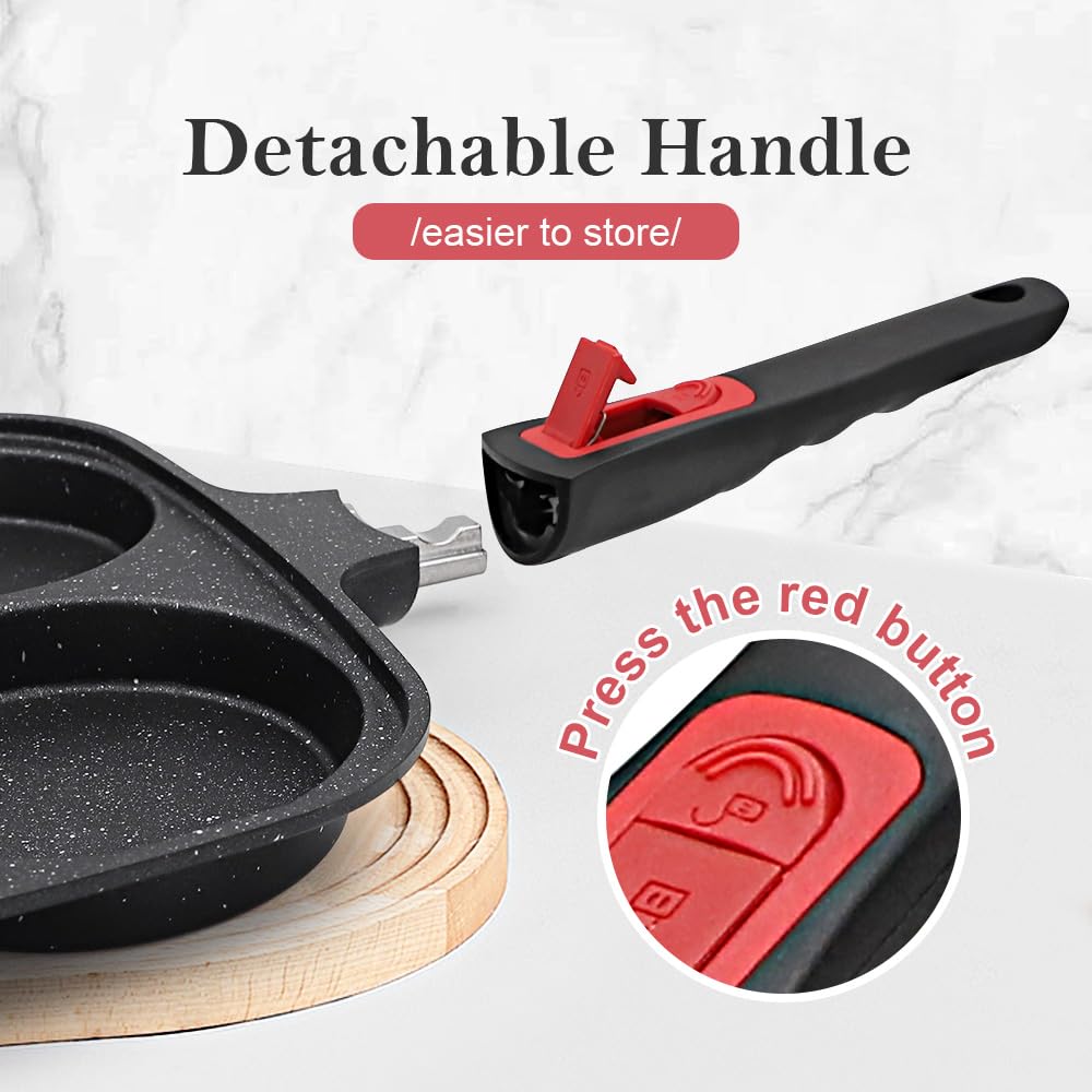 RANX INGST 10 inch Large Egg Pan with Lid, 4-Cup Pancake Pan Nonstick Omelette Skillet with Detachable Handle Induction Compatible - Black