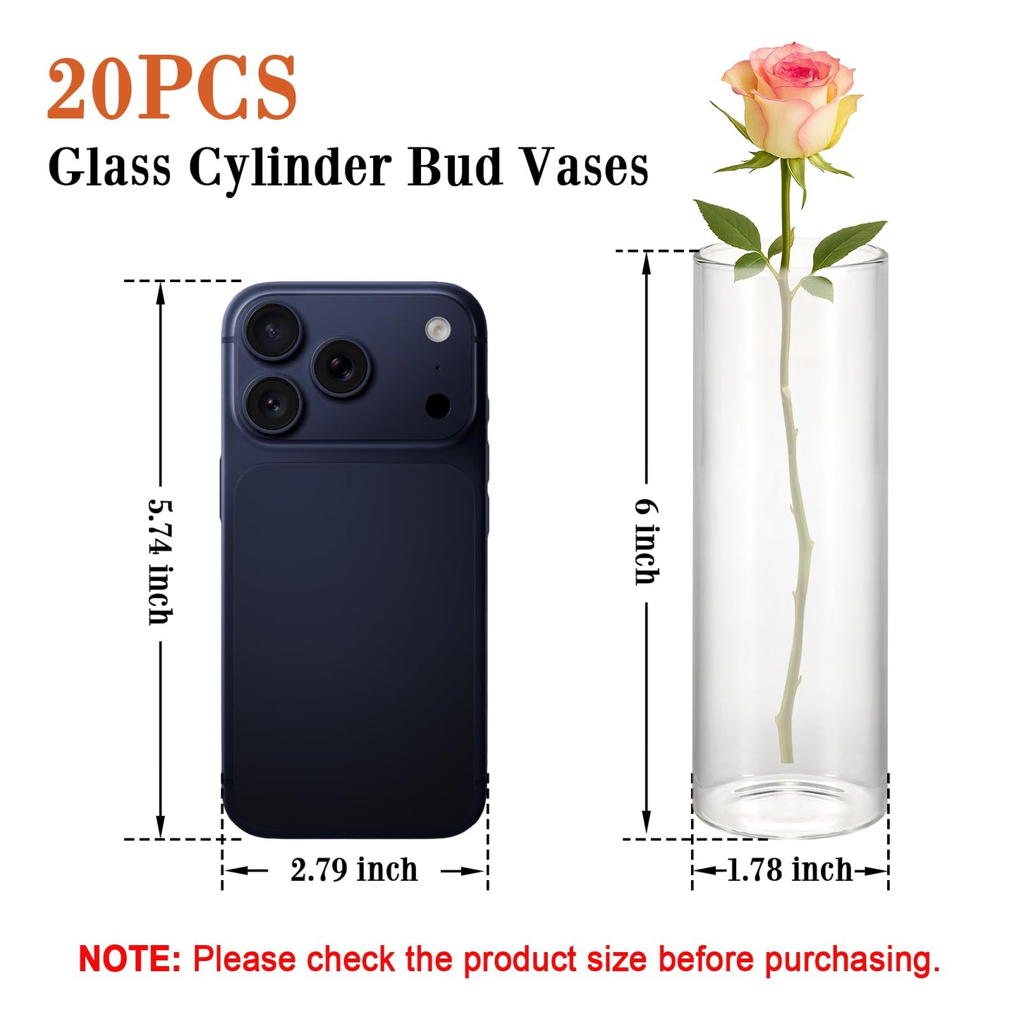 20 Pack 5.9" Tall x 1.8" Diameter Clear Glass Cylinder Vases - Multi-Use Flower Vase, Hurricane & Floating Candle Holders for Wedding Centerpieces, Home Decor, Table Displays (20)