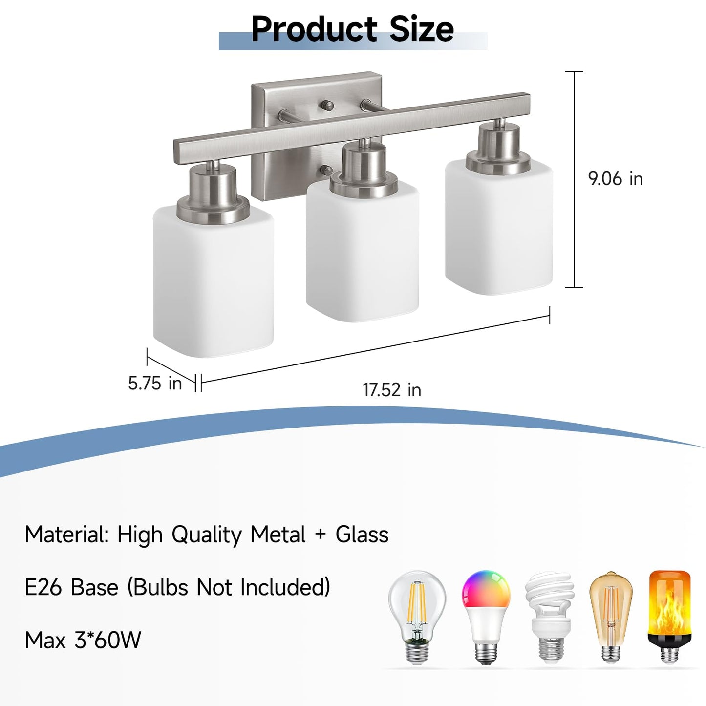 DIKAIDA 3-Light Bathroom Vanity Light,Brushed Nickel Vanity Lights with Square Frosted Glass,Modern Bathroom Wall Lights Fixtures Over Mirror,Wall Sconces Lighting for Bedroom Living Room,E26