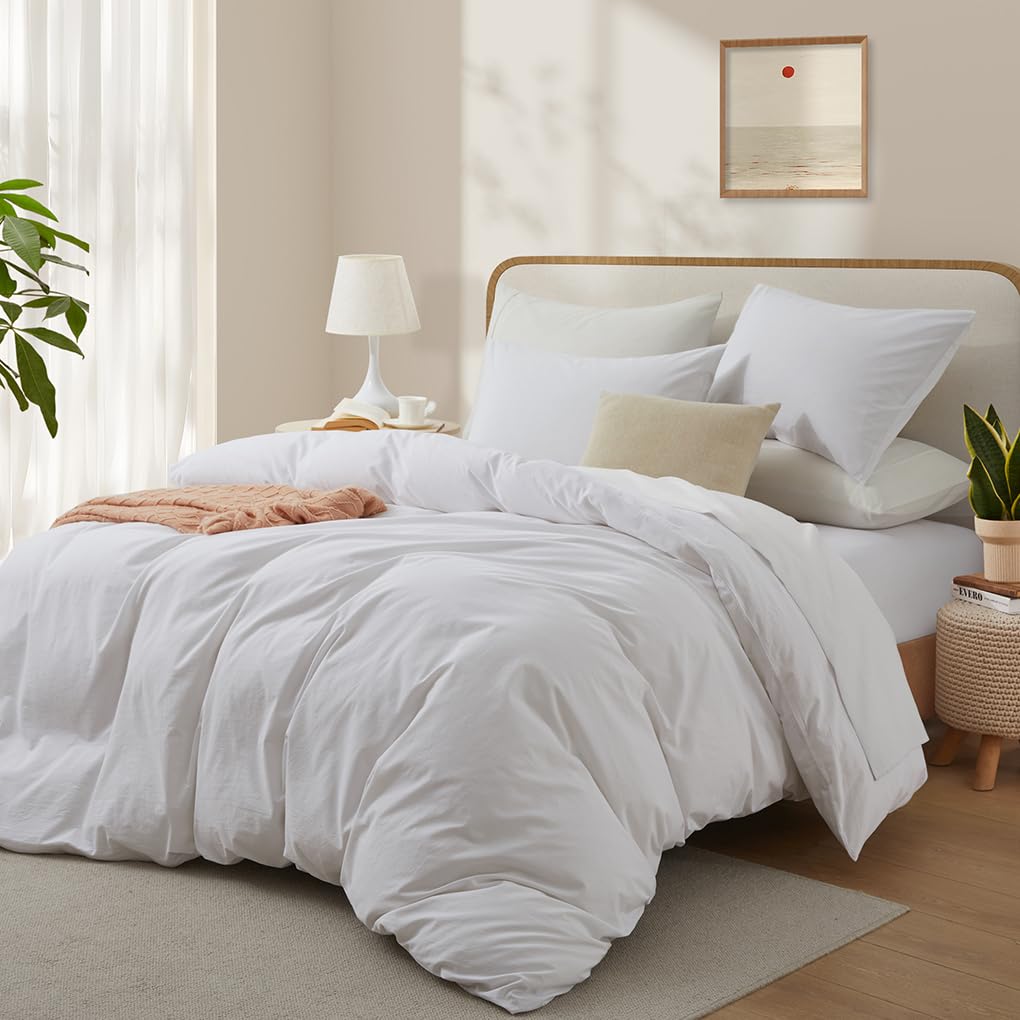 100% Washed Cotton Duvet Cover Queen Size, White Linen Like Breathable Natural Bedding Set (No Comforter), 90x90 Inches