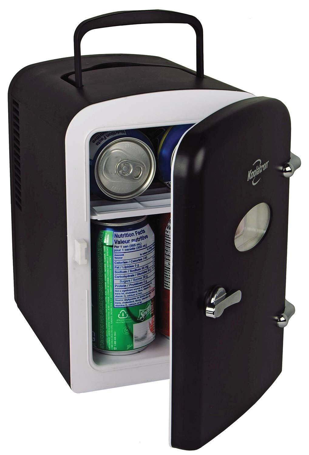 Koolatron Mini Fridge- Black Refrigerator 6 Can Portable Cooler for Bedroom Office Dorm Car Compact Fridge for Drinks Makeup Skincare Dual Power 12V 110V