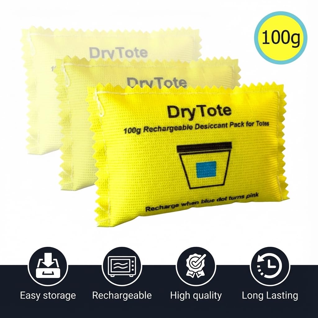 DryTote Rechargeable Desiccant Pack (Pack of 5), Ultimate Moisture Absorption, Color Change Indicator, Safe Storage Protection, Large Capacity 200 Gallons, 100g, Yellow