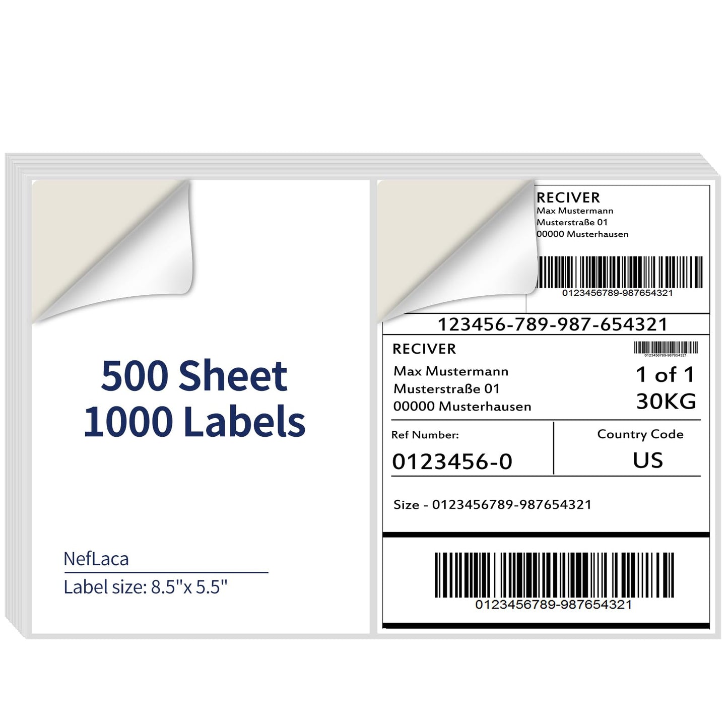 NefLaca 8.5 x 5.5 Half Sheet Shipping Labels for Laser and Inkjet Printers, 2 Per Page Self Adhesive Mailing Labels, White Blank Labels [500 Sheet 1000 Labels]