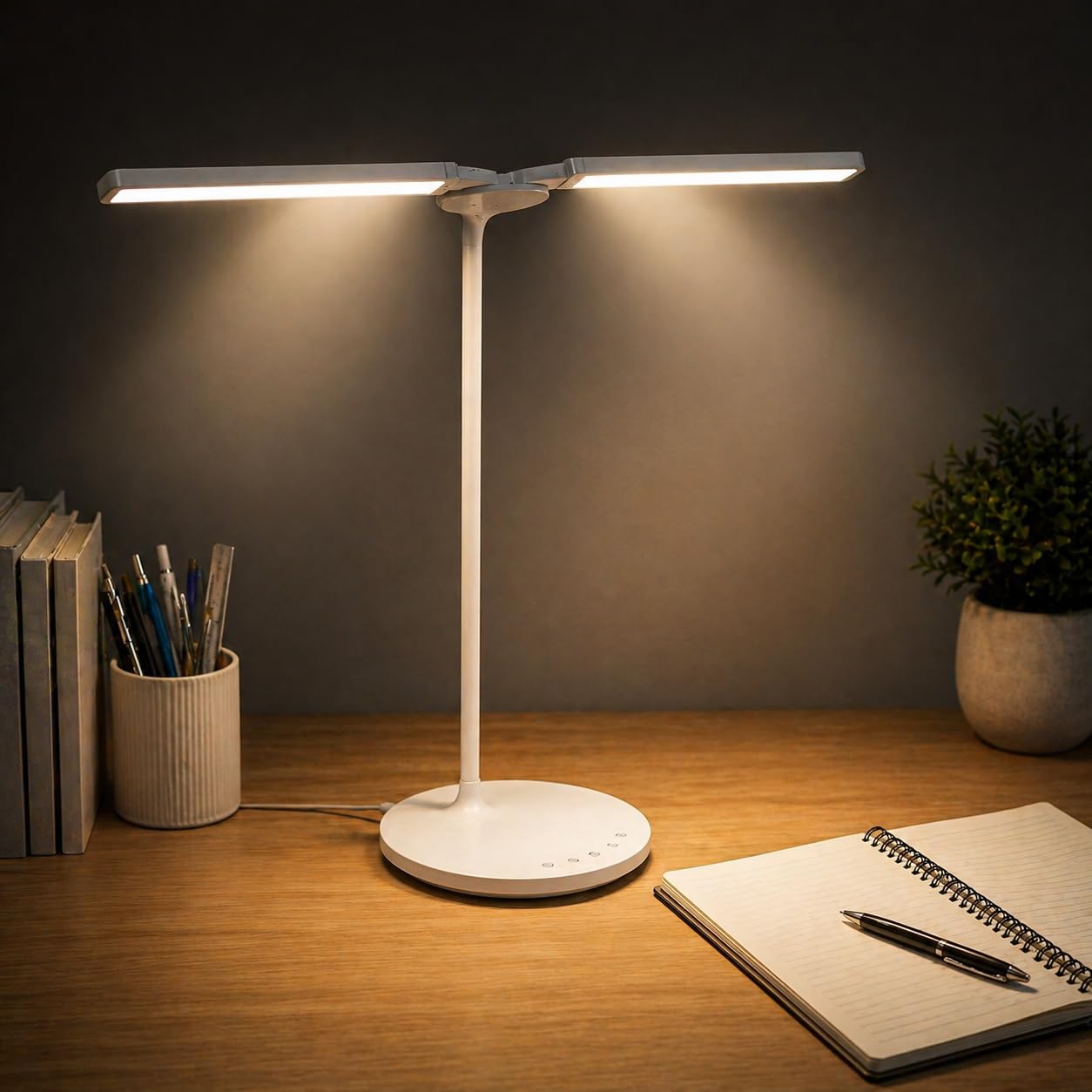 Donnitec LED Desk Lamp for Home Office, Ultra-Wide Double Head Desk Light with 90° Flexible Gooseneck, Eye-Caring Low Blue Light, 5 Color Modes (2700K-6500K) & 5 Brightness Levels, Touch Control
