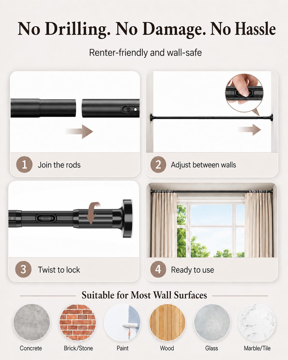 ALLZONE Tension Curtain Rods for Windows 40 to 121 Inches, Extra Long Curtain Rods No Drilling, No-Slip Tension Rod Hold Up to Heavy Drapes, Perfect for Bathroom, Bedroom, Patio & Room Divider, Black