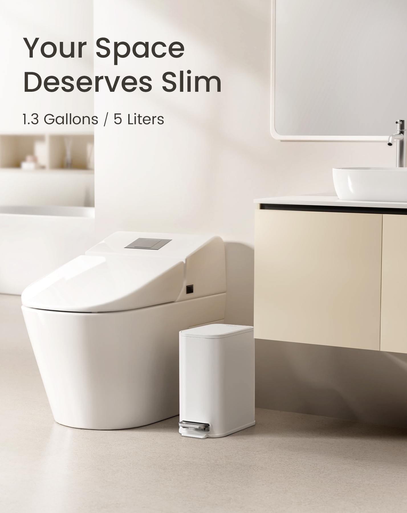 Cesun Small Bathroom Trash Can with Lid Soft Close, Step Pedal, 5 Liter / 1.3 Gallon Stainless Steel Garbage Can with Removable Inner Bucket, Waste Basket for Bathroom, Bedroom (White)