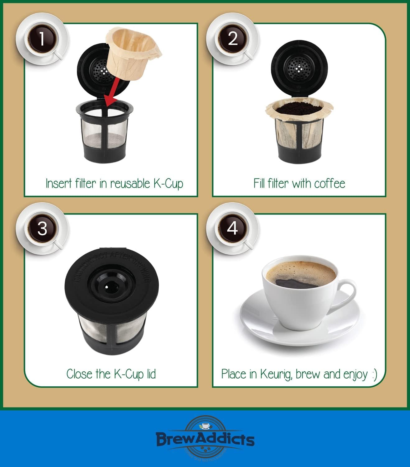 Brew Addicts 600 Paper Coffee Single-Use Filters, Brown, All-Natural & Unbleached for Keurig Brewers and Compatible with K-Cup Pods 1.0 & 2.0 Models, Disposable filters