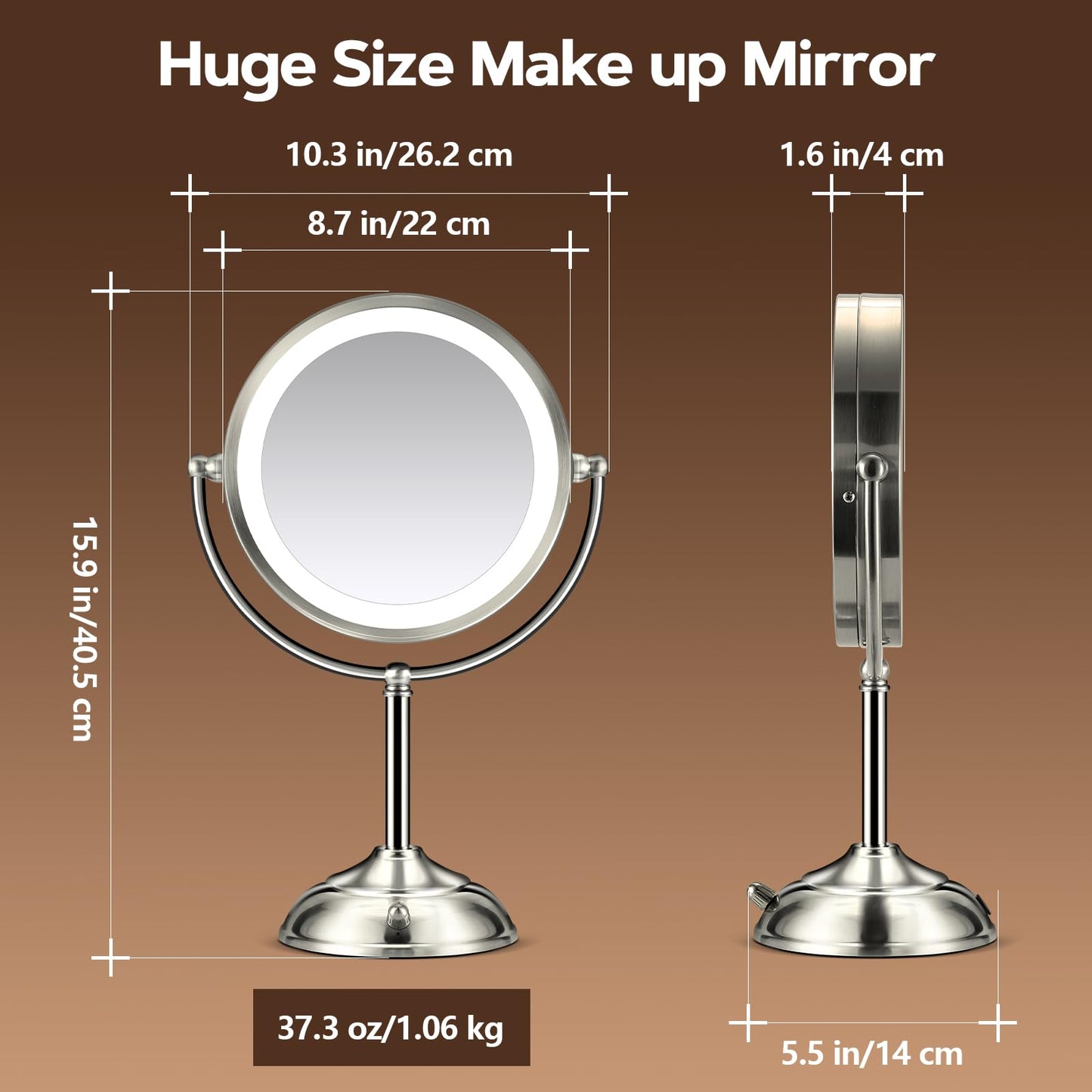 Makeup Mirror With Lights, 20X Magnifying With 3 Colors, 8.5" Vanity for Desk, Adjustable Brightness, 2-Sided Physical Buttons Tabletop (Nickel Alloy)