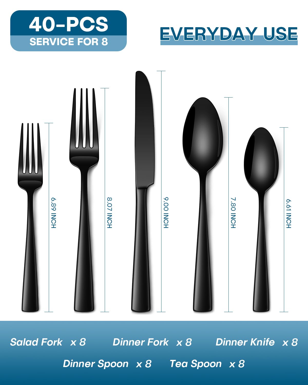 Stapava 40 Pcs Black Silverware Set, Food-Grade Stainless Steel Flatware Set for 8 Mirror Polished Cutlery Utensil Sets Include Dinner Knives Spoons and Forks Set Dishwasher Safe for Home Restaurant