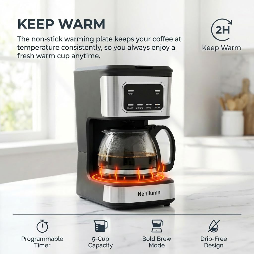 Nehilumn 5-Cup Programmable Coffee Maker - Reusable Filter, Clear Water Level Indicator, Auto Shut- Off, Black &Stainless Steel Coffee Pot