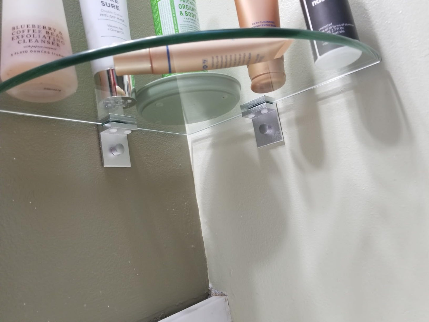Bakzon Glass Corner Shower Shelf 2 Pack, 9.5" Tempered Glass Shower Caddy No Drill Adhesive Wall Mount, Holds 22 lbs, Rustproof Aluminum Brackets, Bathroom Corner Shelf for Inside Shower
