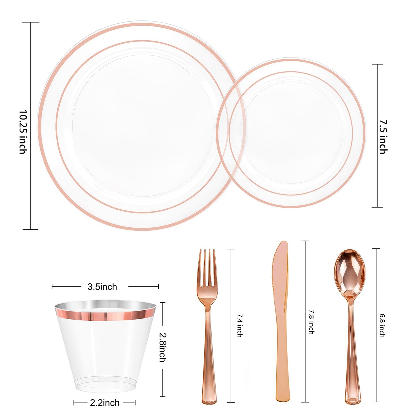 bUCLA 300PCS Rose Gold Plastic Dinnerware - Clear Dinnerware Set Disposable Include 50 Dinner Plates,50 Dessert Plates,50 Knives,50 Forks,50 Spoons,50 Cups for Party & Wedding
