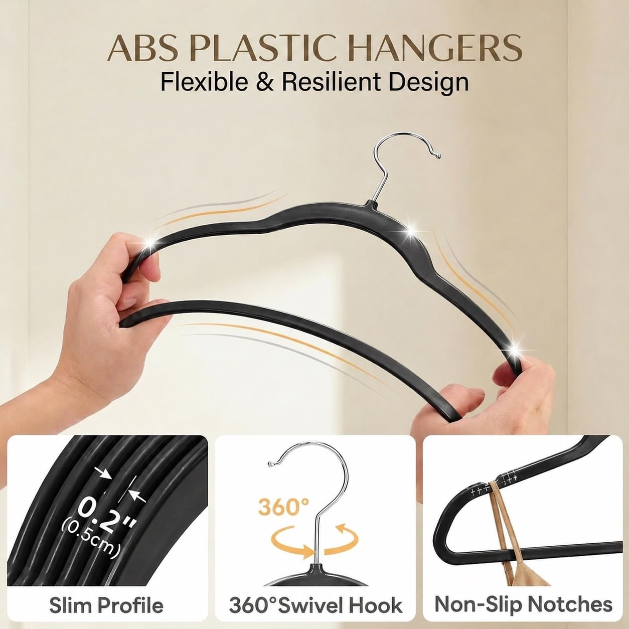 SMARTOR Plastic Hangers 50 Pack, Heavy Duty Plastic Hangers for Clothes - Non-Velvet Slim Hangers with 360° Swivel Hook & Clothes Thin Hanger - Durable Coat Hangars, Space Saving Hanger - Black