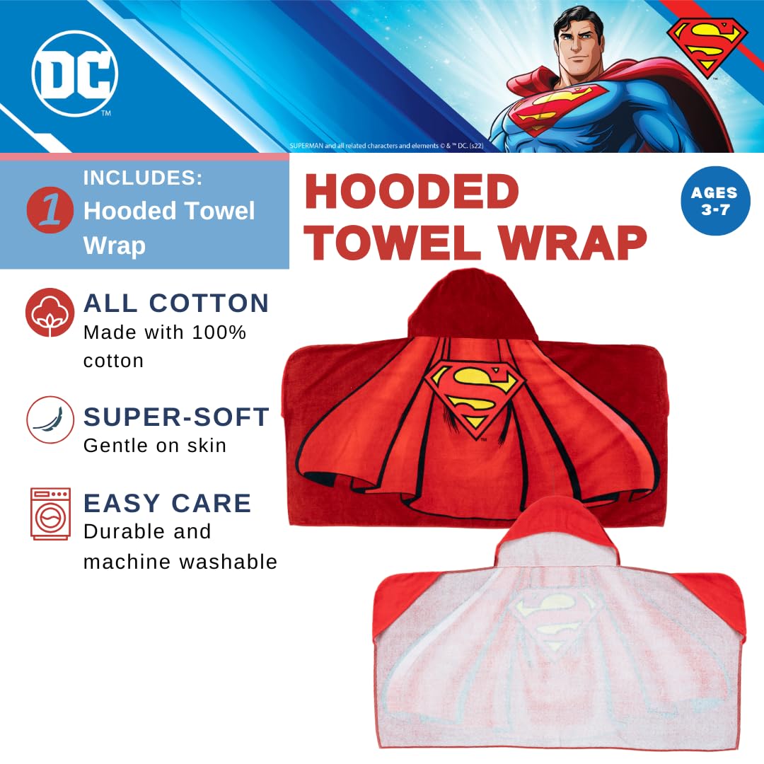 Franco Superman DC Comics Cape Kids Super Soft Bath/Pool/Beach Soft Cotton Terry Hooded Towel Wrap, 24 in x 50 in, (Officially Licensed Product)
