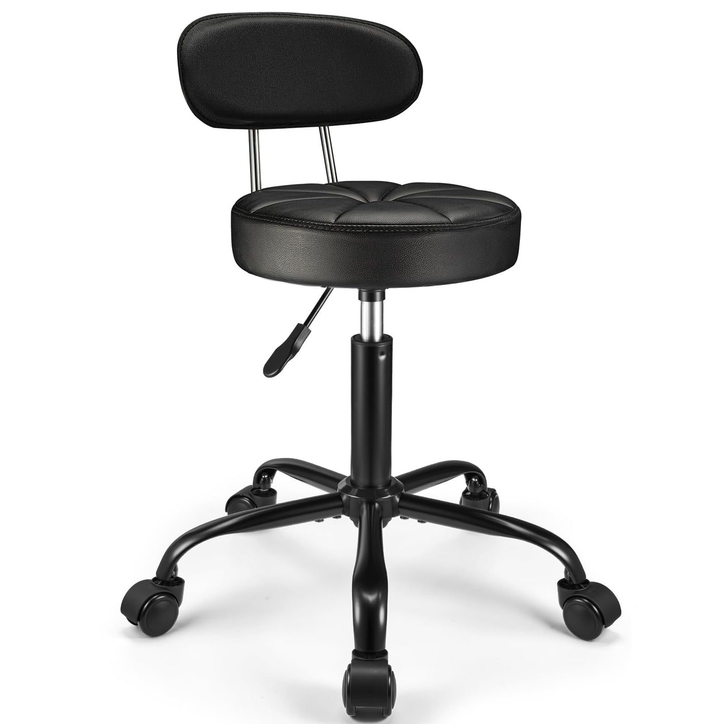 FNZIR PU Leather Rolling Stool with Back Support Height Adjustable Swivel Stool Chair with Wheels Drafting Chair for Spa Slaon Massage Stable Base Foot Black