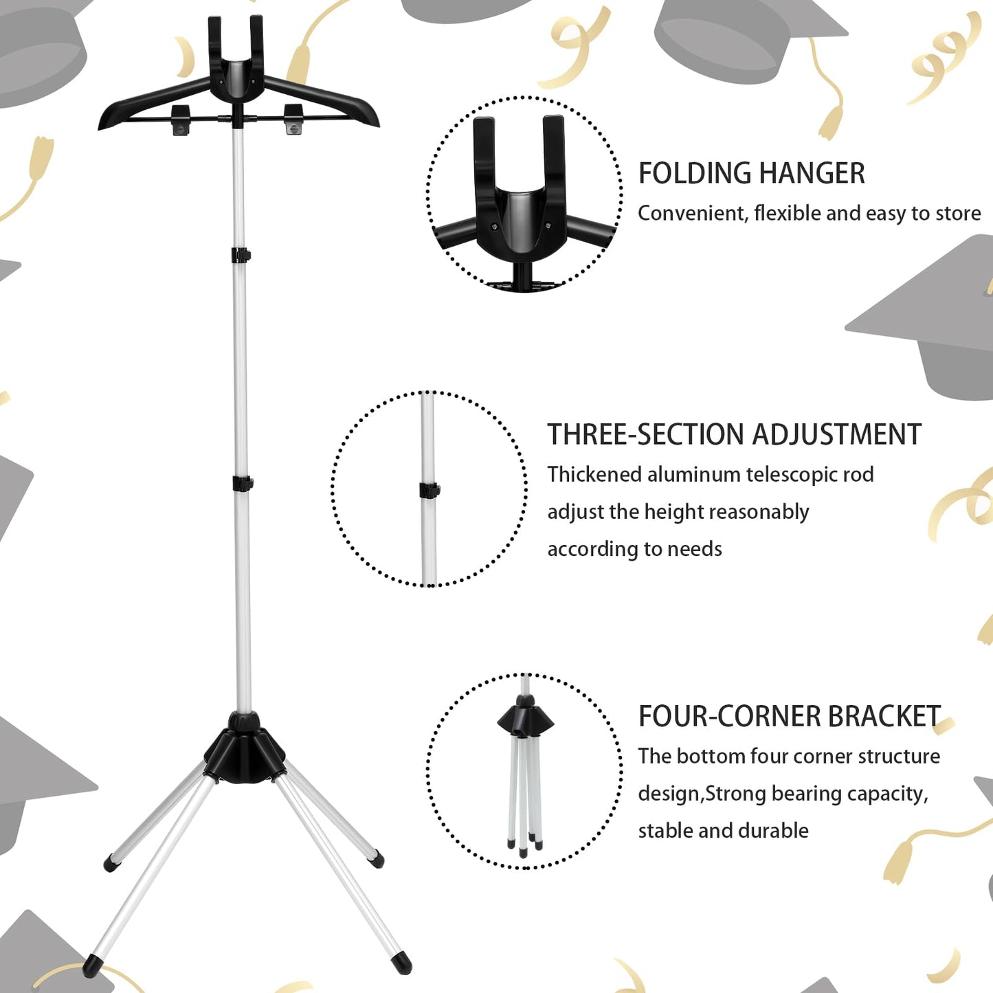 Bucherry Graduation Gown Display Stand Adjustable Garment Hanger for T Shirt Portable Hanging Metal Clothes Stand for Cap Clothing Jacket Coat Shirt Display (Rack,Silver and Black,32"-63")