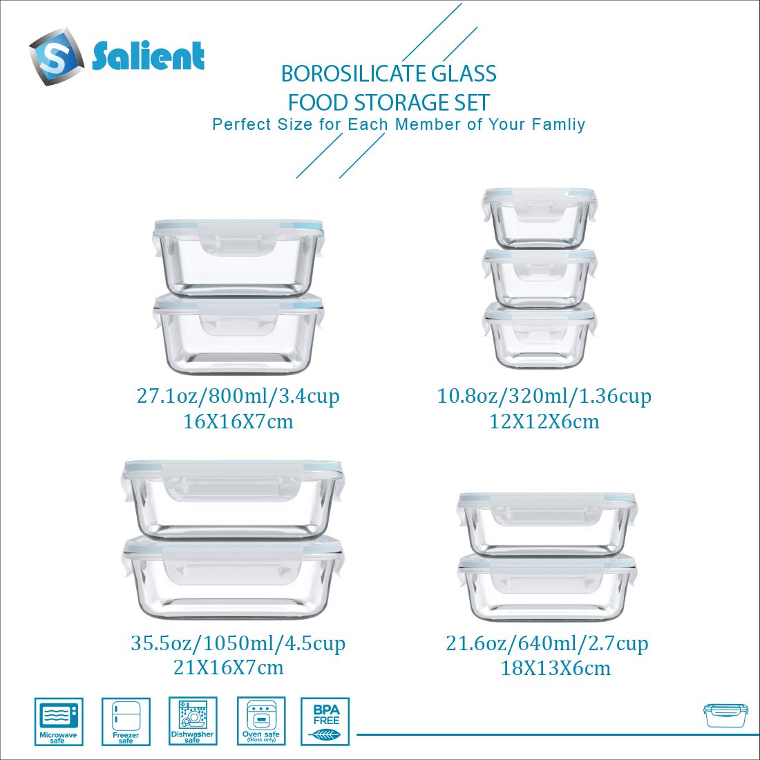 S SALIENT 18 Piece Glass Food Storage Containers with Lids, Glass Meal Prep Containers, food storage Containers for Food Storage, BPA Free & Leak Proof (9 lids & 9 Containers)
