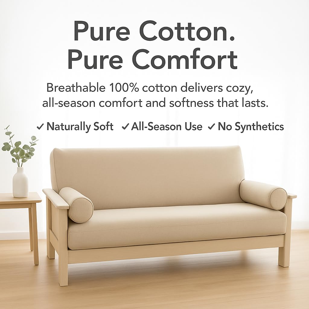 National Allergy 100% Cotton Zippered Futon Cover Full Size - Natural White - Machine Washable Futon Mattress Cover with Zipper, Durable Armless Sofa Bed Covering (54x75)
