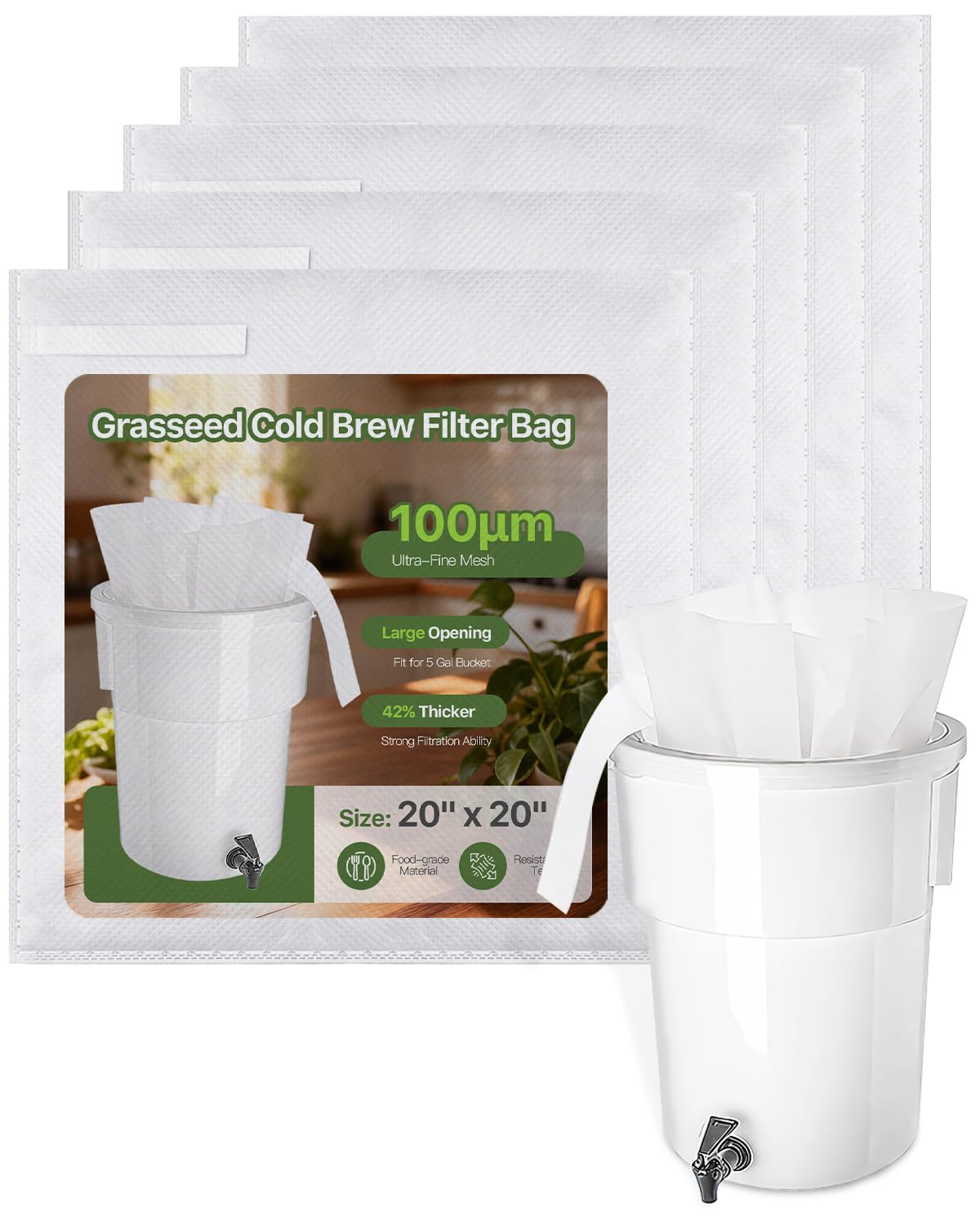 Grasseed 50Pack 20" x 20" Cold Brew Filter Bags for Commercial Coffee Makers, Non-woven Commercial Cold Brew Bag with Straps Fits 5 Gallon System