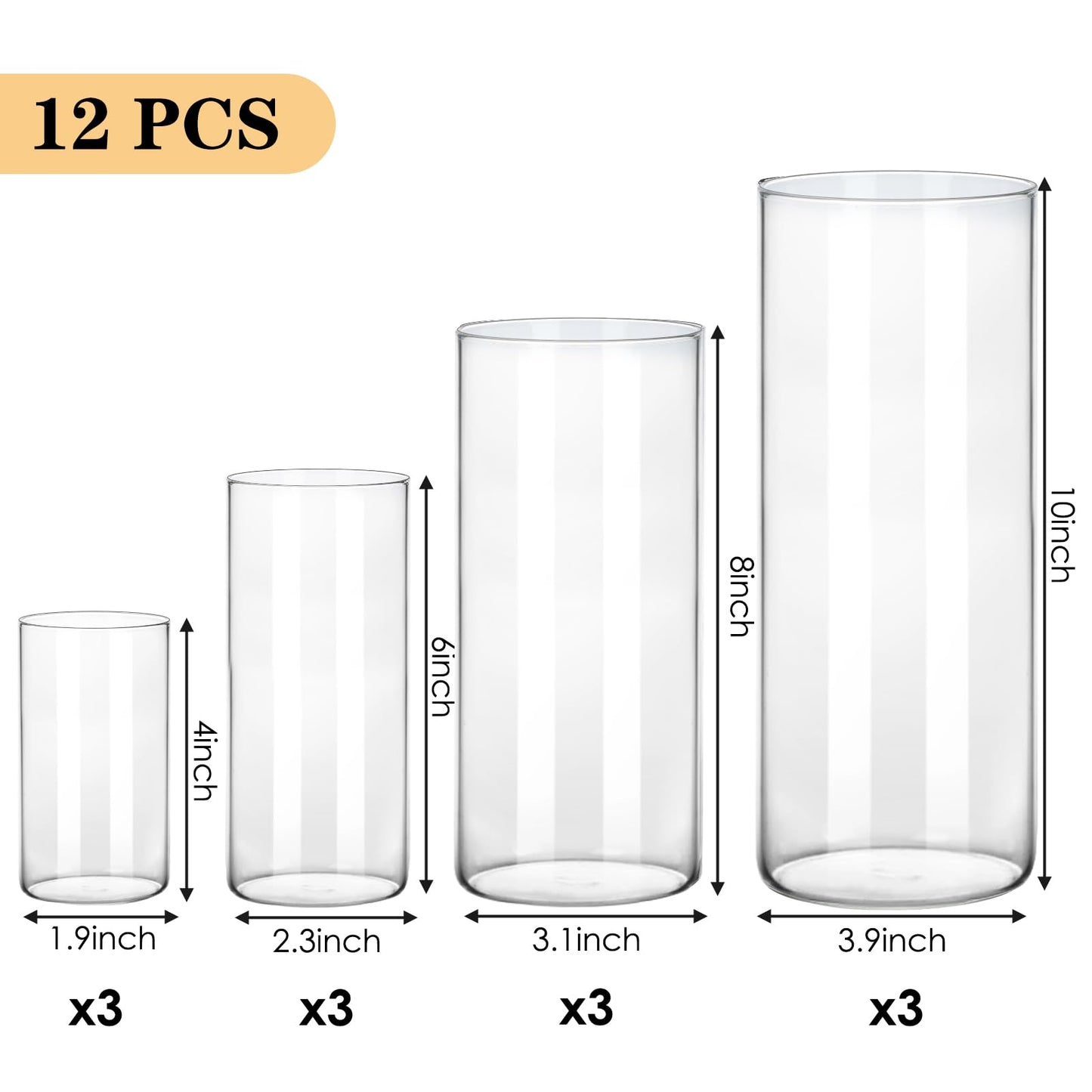 Fixwal 12pcs Clear Glass Cylinder Flower Vases, 4, 6, 8, 10 Inch Tall Cylinder Vases for Centerpieces, Glass Flower Vase Floating Candle Holder Vase for Table Shelf, Party, Wedding, Home Decor