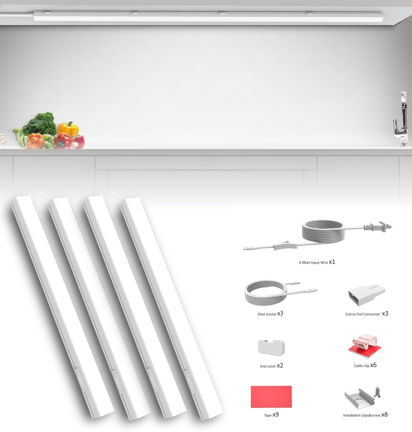 Leetdud Under Cabinet Lighting Plug in, 16 Inch 4 Pcs, Linkable AC120V 3CCT 3000K/4000K/5000K Ultra Slim, LED Under Cabinet Lights for Counter Light, Kitchen, Shelf, Sink, Workshop, Desk, White