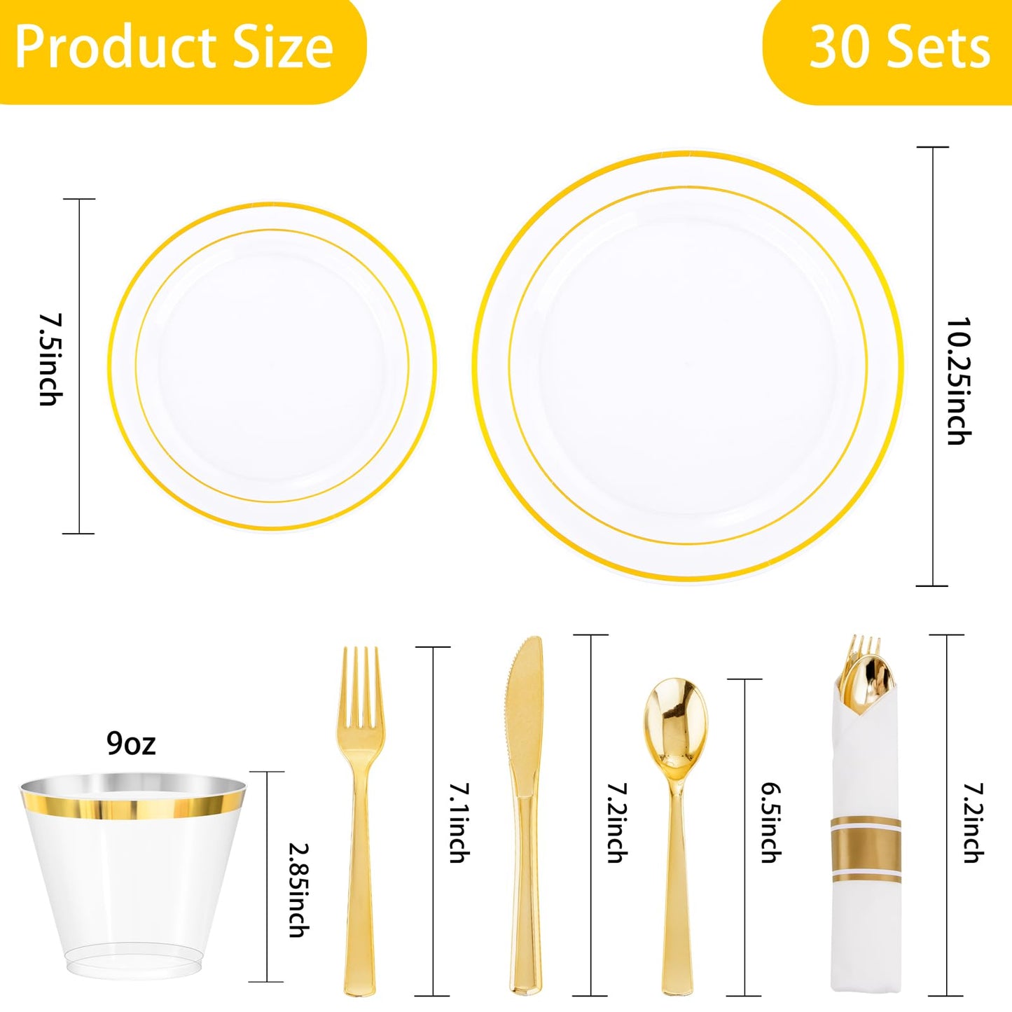 DaYammi 210PCS Clear Gold Plastic Dinnerware Set for 30 Guests, Fancy Disposable Plates for Party, Include: 30 Dinner Plates, 30 Dessert Plates, 30 Pre Rolled Napkins with Gold Silverware, 30 Cups